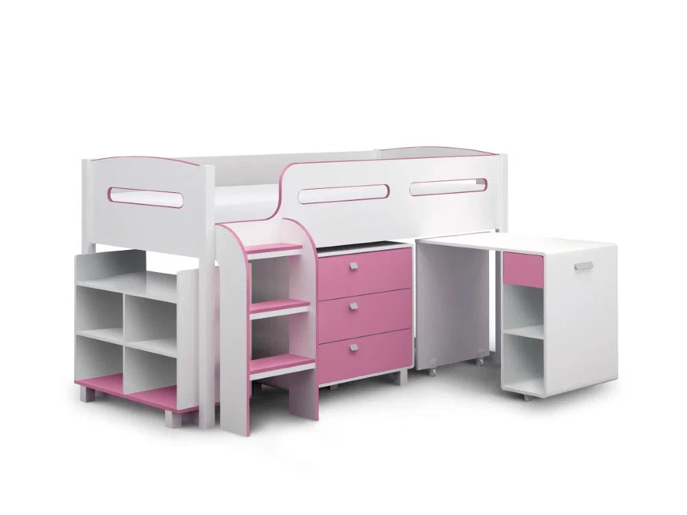 Kimbo Kids Cabin Bed with Pull-Out Desk, 3 Drawer Storage & Shelving – White & Pink or White & Blue