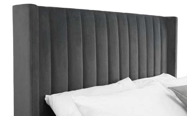 Langham Scalloped Ottoman Storage Bed Frame – Upholstered Fabric Bed with Lift-Up Storage – Grey or Teal