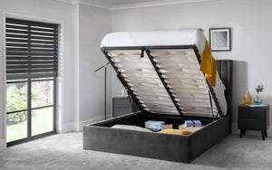 Langham Scalloped Ottoman Storage Bed Frame – Upholstered Fabric Bed with Lift-Up Storage – Grey or Teal