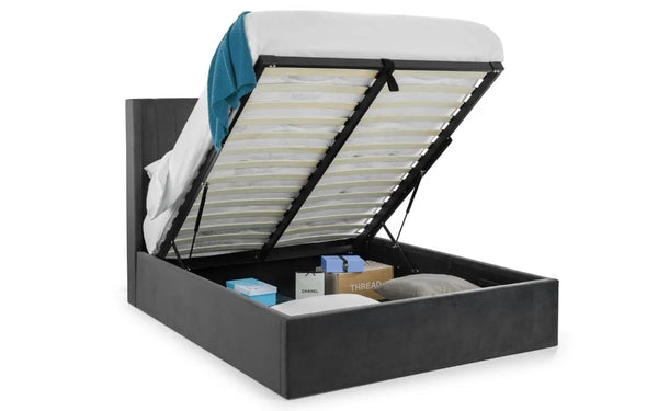 Langham Scalloped Ottoman Storage Bed Frame – Upholstered Fabric Bed with Lift-Up Storage – Grey or Teal