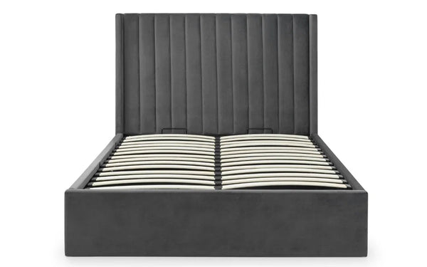 Langham Scalloped Ottoman Storage Bed Frame – Upholstered Fabric Bed with Lift-Up Storage – Grey or Teal