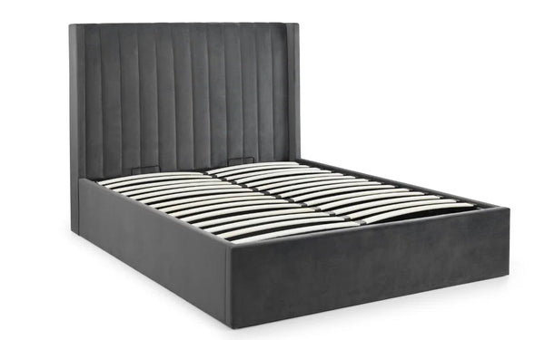 Langham Scalloped Ottoman Storage Bed Frame – Upholstered Fabric Bed with Lift-Up Storage – Grey or Teal