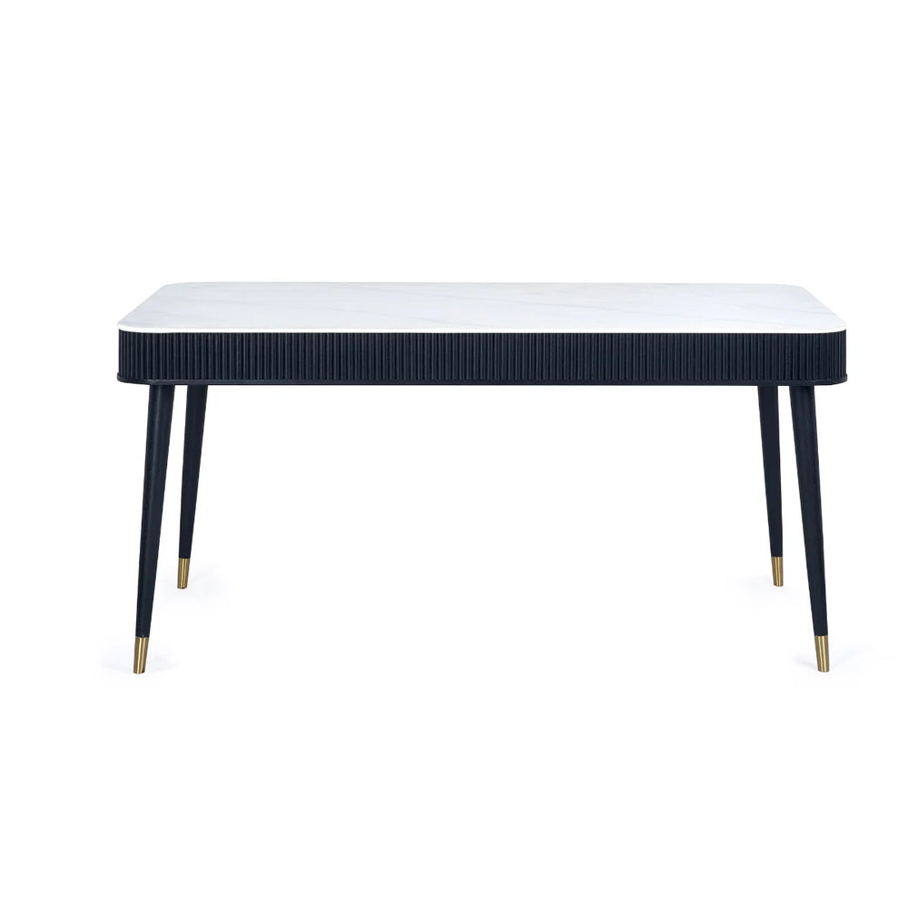 Louis Fluted Stone Effect Dining Table with Drawers – White Marble Effect Top & Matt Black Base (160cm)
