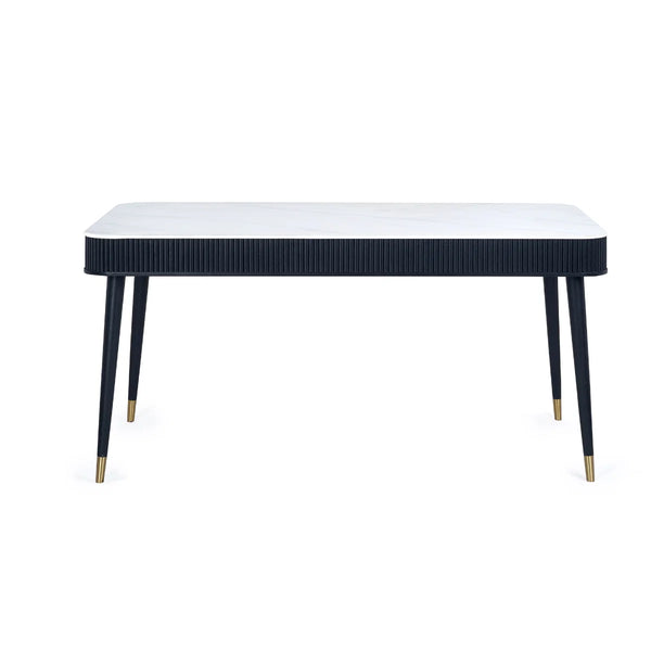 Louis Fluted Stone Effect Dining Table with Drawers – White Marble Effect Top & Matt Black Base (160cm)