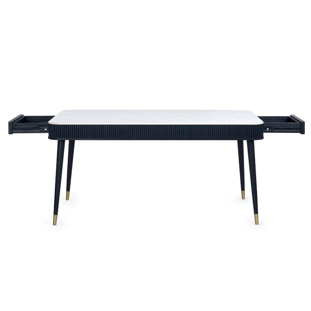 Louis Fluted Stone Effect Dining Table with Drawers – White Marble Effect Top & Matt Black Base (160cm)