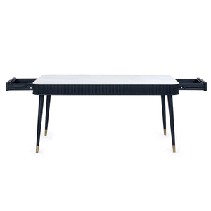 Louis Fluted Stone Effect Dining Table with Drawers – White Marble Effect Top & Matt Black Base (160cm)