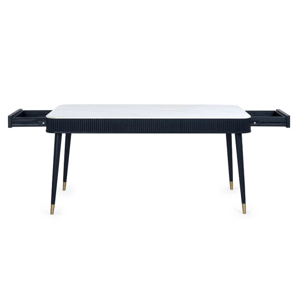 Louis Fluted Stone Effect Dining Table with Drawers – White Marble Effect Top & Matt Black Base (160cm)