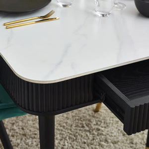 Louis Fluted Stone Effect Dining Table with Drawers – White Marble Effect Top & Matt Black Base (160cm)