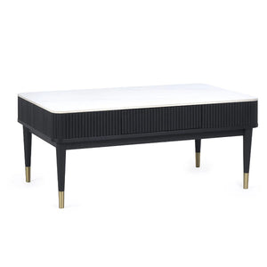 Louis Black Fluted Coffee Table with White Stone Effect Top & 2 Push-Touch Storage Drawers