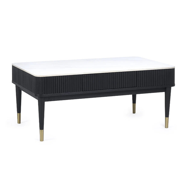 Louis Black Fluted Coffee Table with White Stone Effect Top & 2 Push-Touch Storage Drawers