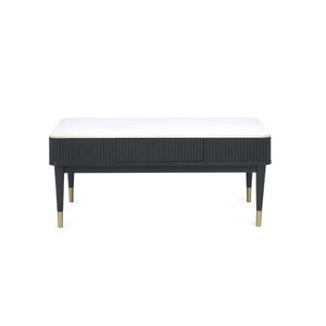 Louis Black Fluted Coffee Table with White Stone Effect Top & 2 Push-Touch Storage Drawers