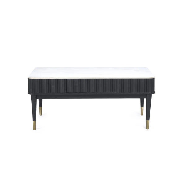 Louis Black Fluted Coffee Table with White Stone Effect Top & 2 Push-Touch Storage Drawers