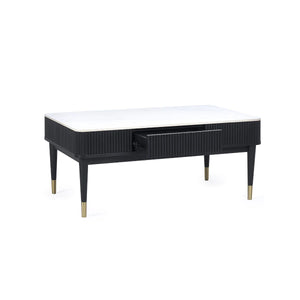 Louis Black Fluted Coffee Table with White Stone Effect Top & 2 Push-Touch Storage Drawers