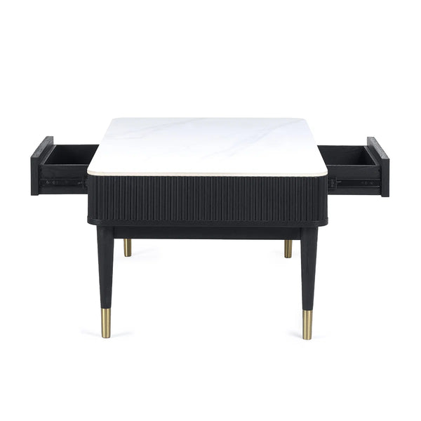 Louis Black Fluted Coffee Table with White Stone Effect Top & 2 Push-Touch Storage Drawers