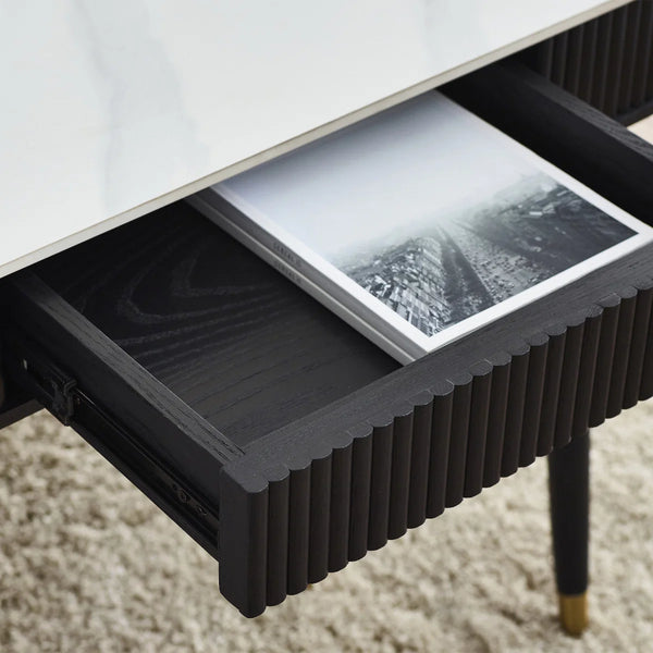 Louis Black Fluted Coffee Table with White Stone Effect Top & 2 Push-Touch Storage Drawers