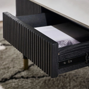 Louis Black Fluted Coffee Table with White Stone Effect Top & 2 Push-Touch Storage Drawers