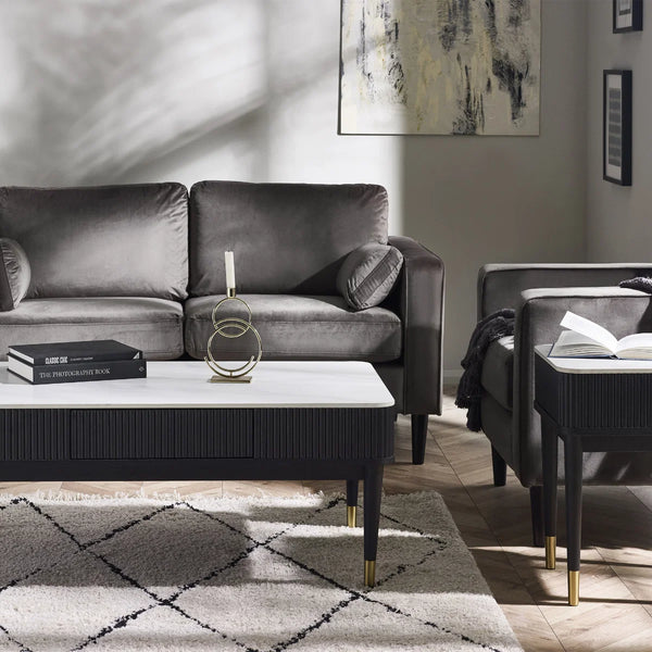 Louis Black Fluted Coffee Table with White Stone Effect Top & 2 Push-Touch Storage Drawers