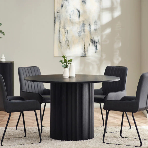 Louis Black Fluted Round Dining Table – 120cm Modern Pedestal Dining Table with Matt Black Finish