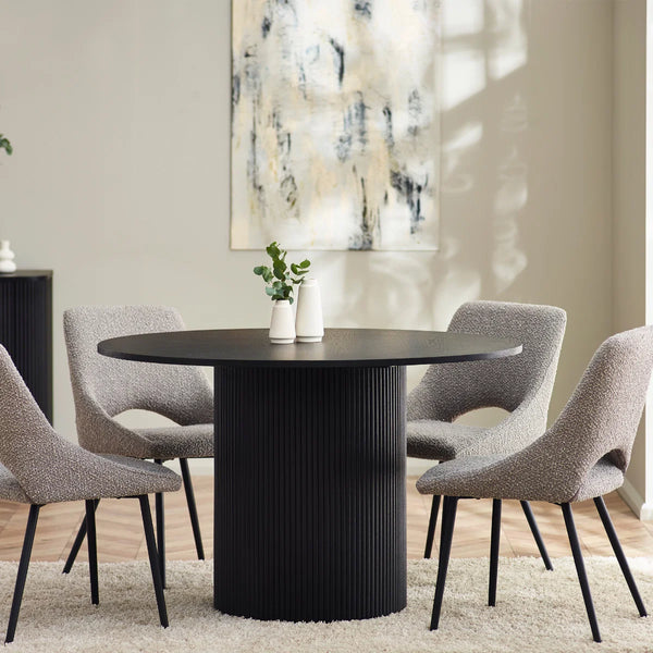 Louis Black Fluted Round Dining Table – 120cm Modern Pedestal Dining Table with Matt Black Finish