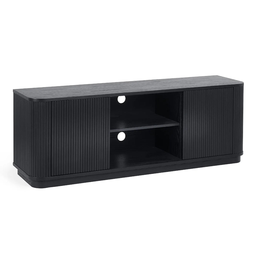 Louis Black Fluted Tv UnitLouis Black Fluted TV Unit with Push-Touch Cupboards – Modern Matt Black Entertainment Cabinet 150cm