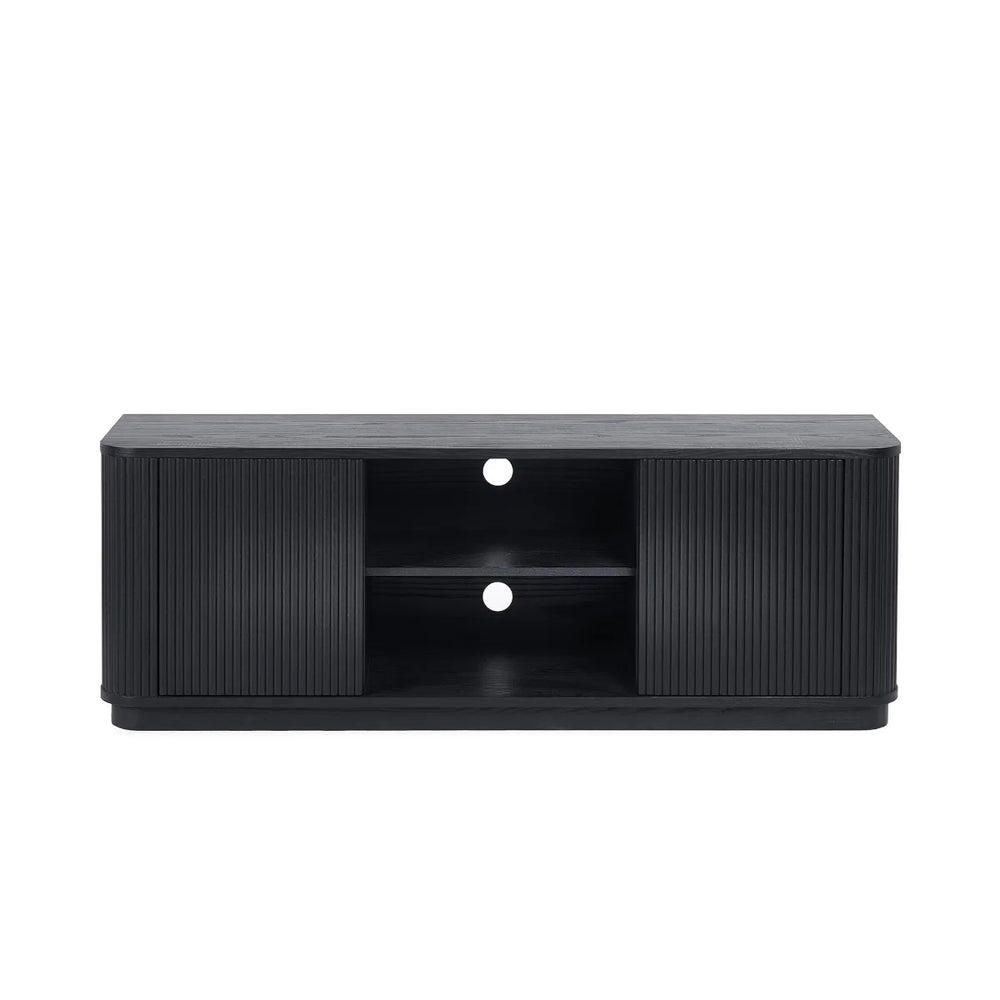 Louis Black Fluted Tv UnitLouis Black Fluted TV Unit with Push-Touch Cupboards – Modern Matt Black Entertainment Cabinet 150cm