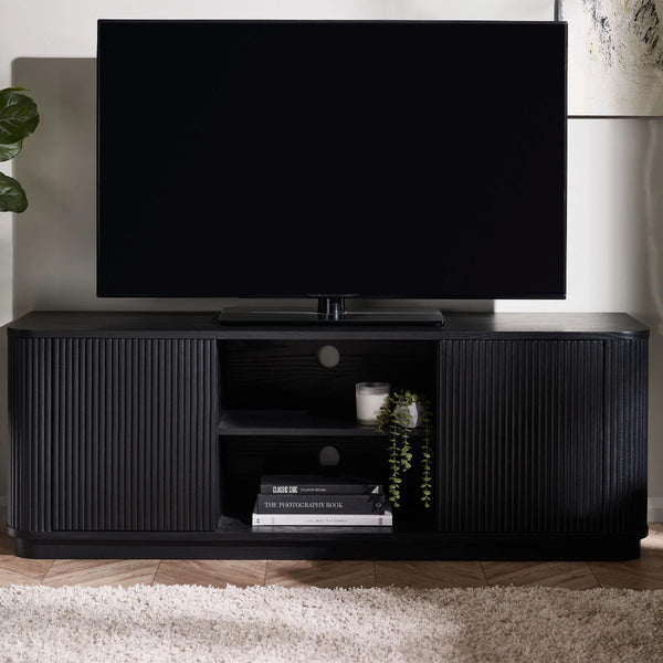 Louis Black Fluted Tv UnitLouis Black Fluted TV Unit with Push-Touch Cupboards – Modern Matt Black Entertainment Cabinet 150cm
