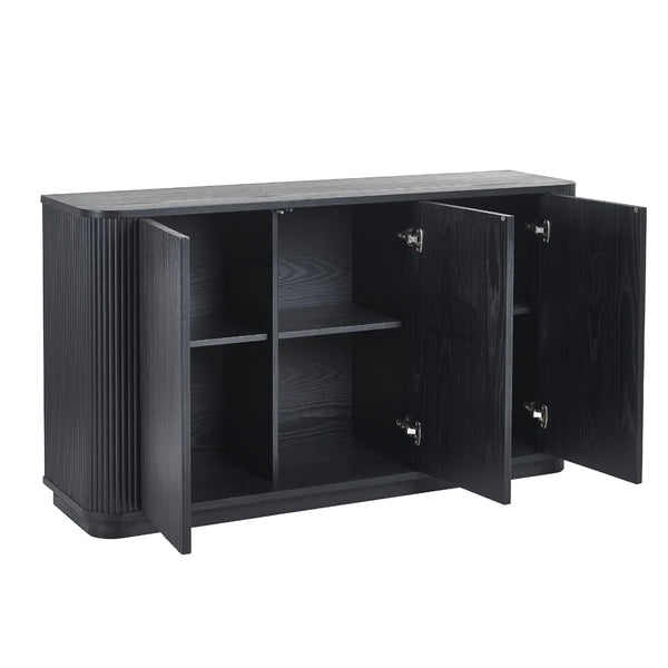 Louis Black Fluted Sideboard with 3 Push-Touch Doors – Modern Matt Black Storage Cabinet