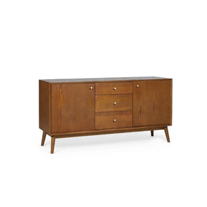 Julian Bowen Lowry Large Sideboard – Mid-Century Cherry Ash Veneer Storage Cabinet with 2 Soft-Close Cupboards & 3 Drawers
