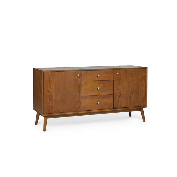 Julian Bowen Lowry Large Sideboard – Mid-Century Cherry Ash Veneer Storage Cabinet with 2 Soft-Close Cupboards & 3 Drawers