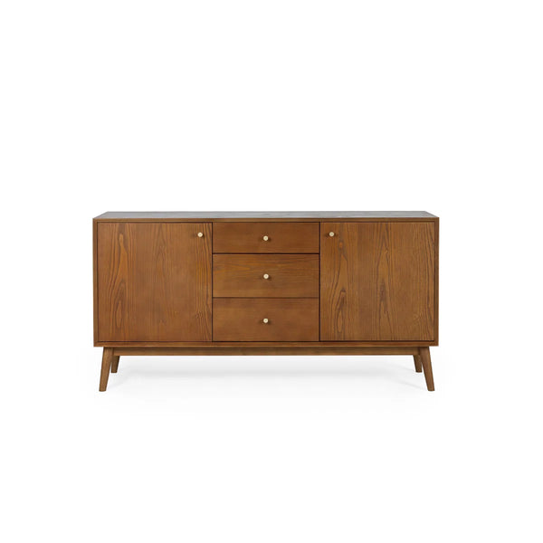 Julian Bowen Lowry Large Sideboard – Mid-Century Cherry Ash Veneer Storage Cabinet with 2 Soft-Close Cupboards & 3 Drawers