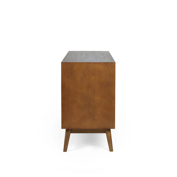 Julian Bowen Lowry Large Sideboard – Mid-Century Cherry Ash Veneer Storage Cabinet with 2 Soft-Close Cupboards & 3 Drawers