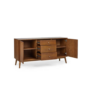 Julian Bowen Lowry Large Sideboard – Mid-Century Cherry Ash Veneer Storage Cabinet with 2 Soft-Close Cupboards & 3 Drawers