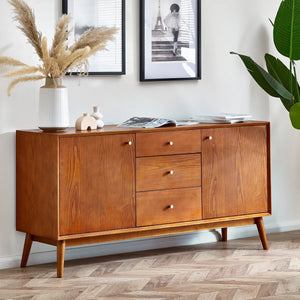 Julian Bowen Lowry Large Sideboard – Mid-Century Cherry Ash Veneer Storage Cabinet with 2 Soft-Close Cupboards & 3 Drawers