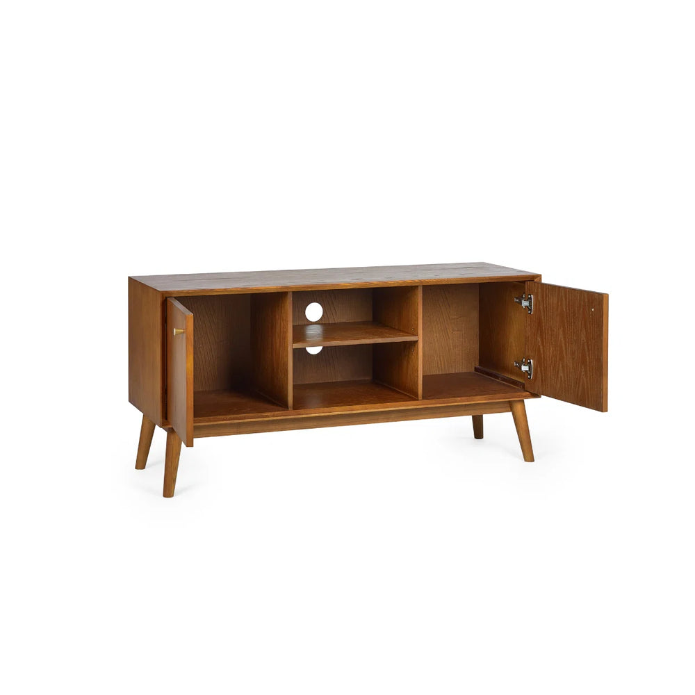 Lowry Retro Cherry Ash Wood Veneer Media Unit with Soft-Close Cupboards – 120cm TV Stand & Entertainment Storage Cabinet