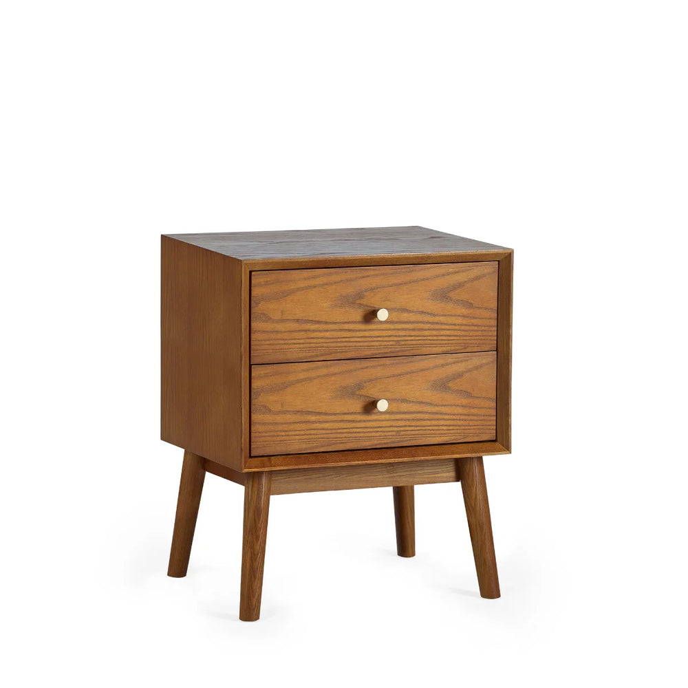 Julian Bowen Lowry 2 Drawer Bedside Table – Retro Cherry Ash Veneer Nightstand with Gold Knobs & Tapered Legs