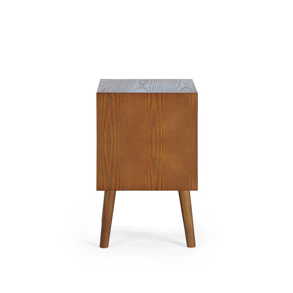 Julian Bowen Lowry 2 Drawer Bedside Table – Retro Cherry Ash Veneer Nightstand with Gold Knobs & Tapered Legs