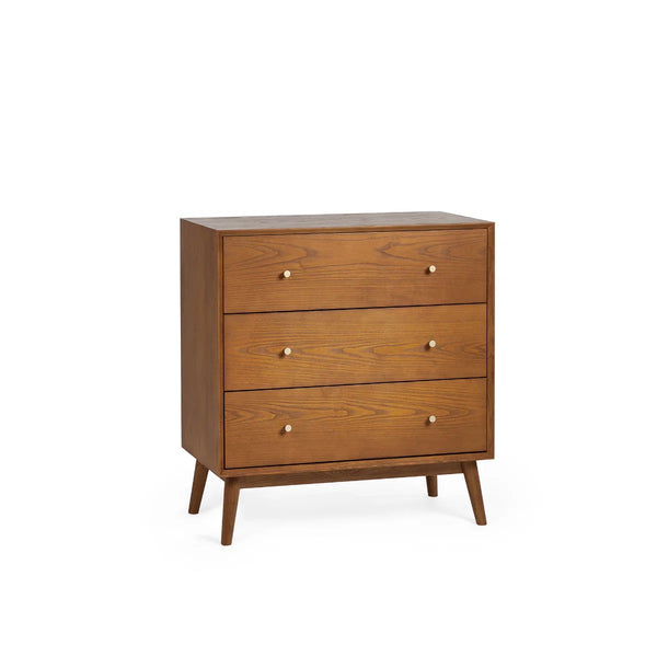 Lowry 3 Drawer Chest – Retro Cherry Ash Wood Veneer Storage Chest with 3 Spacious Drawers & Gold Accent Handles