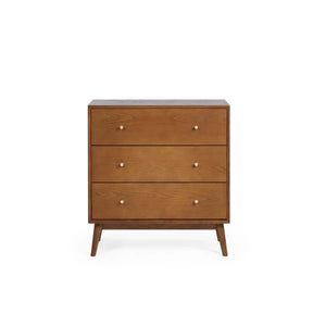 Lowry 3 Drawer Chest – Retro Cherry Ash Wood Veneer Storage Chest with 3 Spacious Drawers & Gold Accent Handles