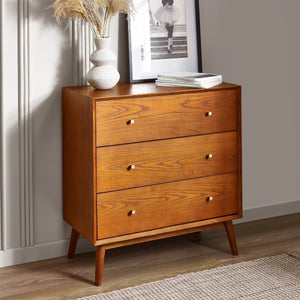 Lowry 3 Drawer Chest – Retro Cherry Ash Wood Veneer Storage Chest with 3 Spacious Drawers & Gold Accent Handles