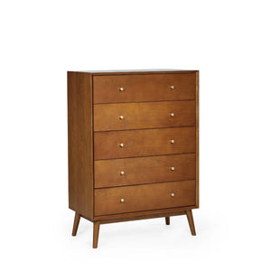 Lowry 5 Drawer Chest – Mid-Century Cherry Ash Veneer Bedroom Storage Cabinet with Gold Knob Handles