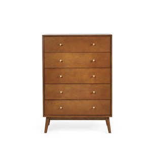 Lowry 5 Drawer Chest – Mid-Century Cherry Ash Veneer Bedroom Storage Cabinet with Gold Knob Handles