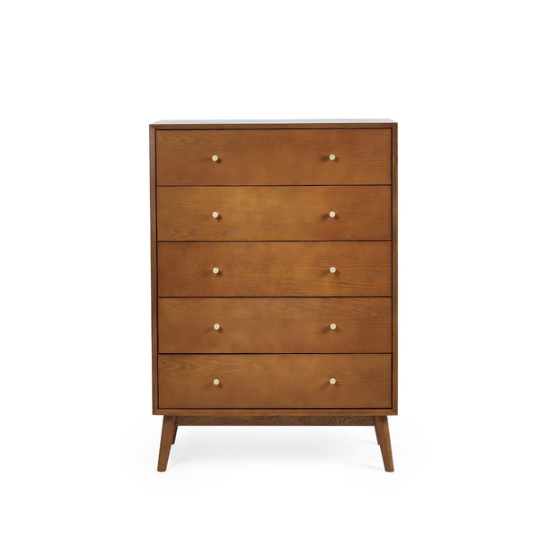 Lowry 5 Drawer Chest – Mid-Century Cherry Ash Veneer Bedroom Storage Cabinet with Gold Knob Handles
