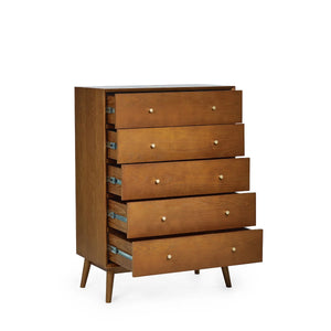 Lowry 5 Drawer Chest – Mid-Century Cherry Ash Veneer Bedroom Storage Cabinet with Gold Knob Handles