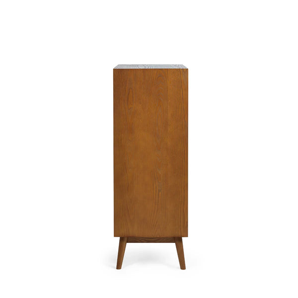 Lowry 5 Drawer Chest – Mid-Century Cherry Ash Veneer Bedroom Storage Cabinet with Gold Knob Handles