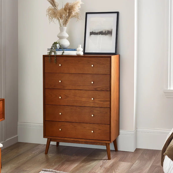 Lowry 5 Drawer Chest – Mid-Century Cherry Ash Veneer Bedroom Storage Cabinet with Gold Knob Handles