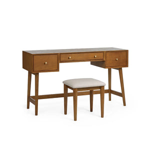 Lowry Mid-Century Cherry Ash Dressing Table & Upholstered Stool Set with 3 Drawers