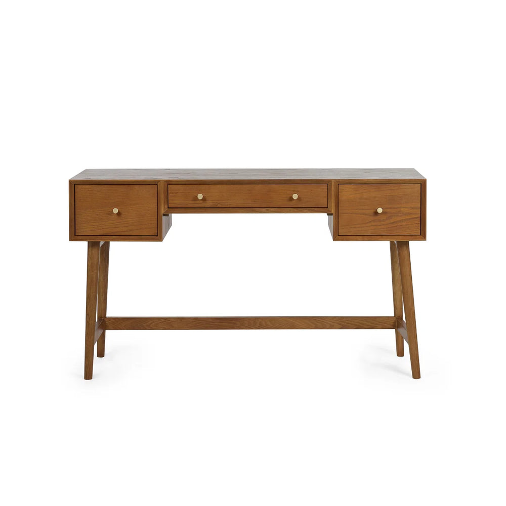 Lowry Mid-Century Cherry Ash Dressing Table & Upholstered Stool Set with 3 Drawers