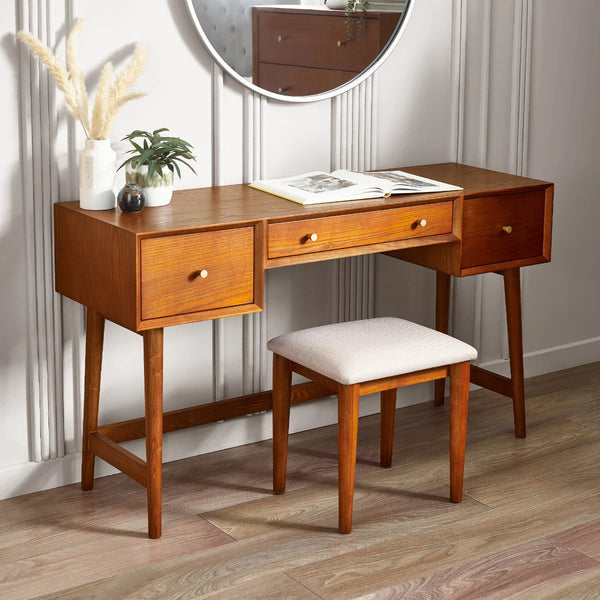 Lowry Mid-Century Cherry Ash Dressing Table & Upholstered Stool Set with 3 Drawers