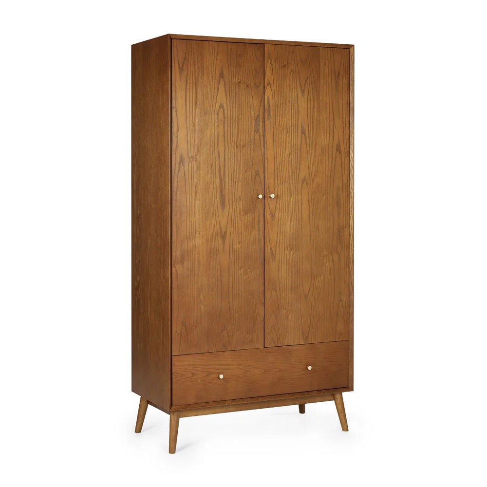 Julian Bowen Lowry 2 Door 1 Drawer Retro Wooden Wardrobe with Hanging Rail & Storage Drawer – Cherry Ash Veneer Finish