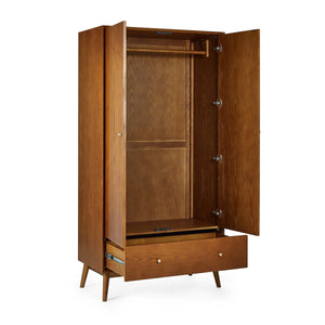 Julian Bowen Lowry 2 Door 1 Drawer Retro Wooden Wardrobe with Hanging Rail & Storage Drawer – Cherry Ash Veneer Finish